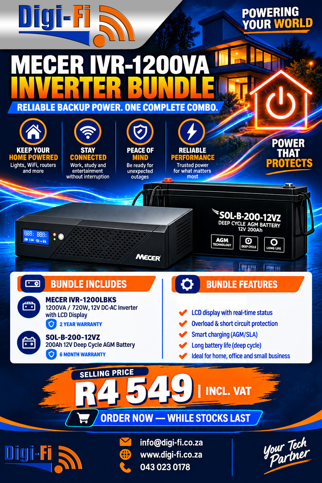Mecer IVR-1200VA inverter bundle: 1200VA inverter with a 200Ah AGM battery, R4 549 incl. VAT