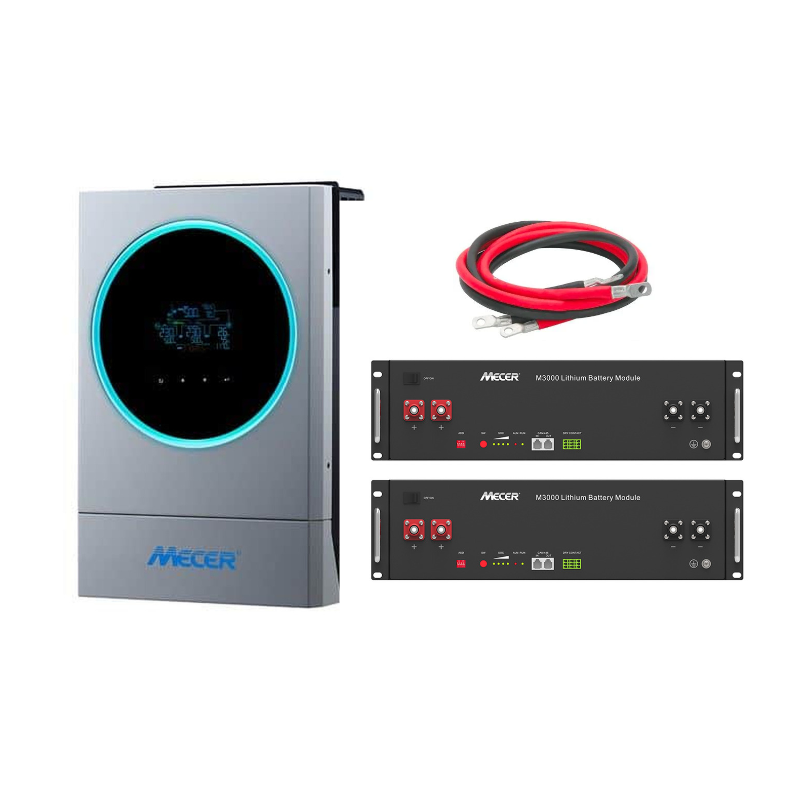 Mecer Axpert 5600VA hybrid solar inverter with two Mecer M3000 3.5kWh 48V lithium rackmount batteries and battery-to-inverter power cables