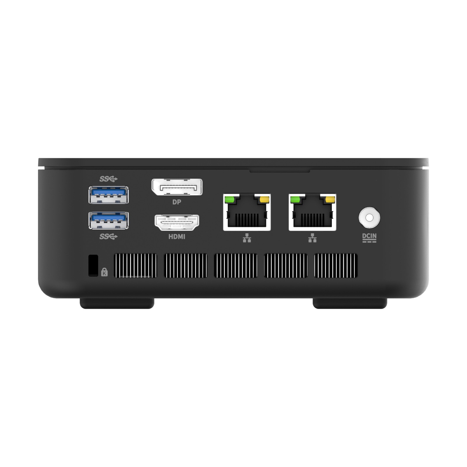PCBuilder CUBE mini PC rear ports: USB, DisplayPort, HDMI and two Ethernet ports