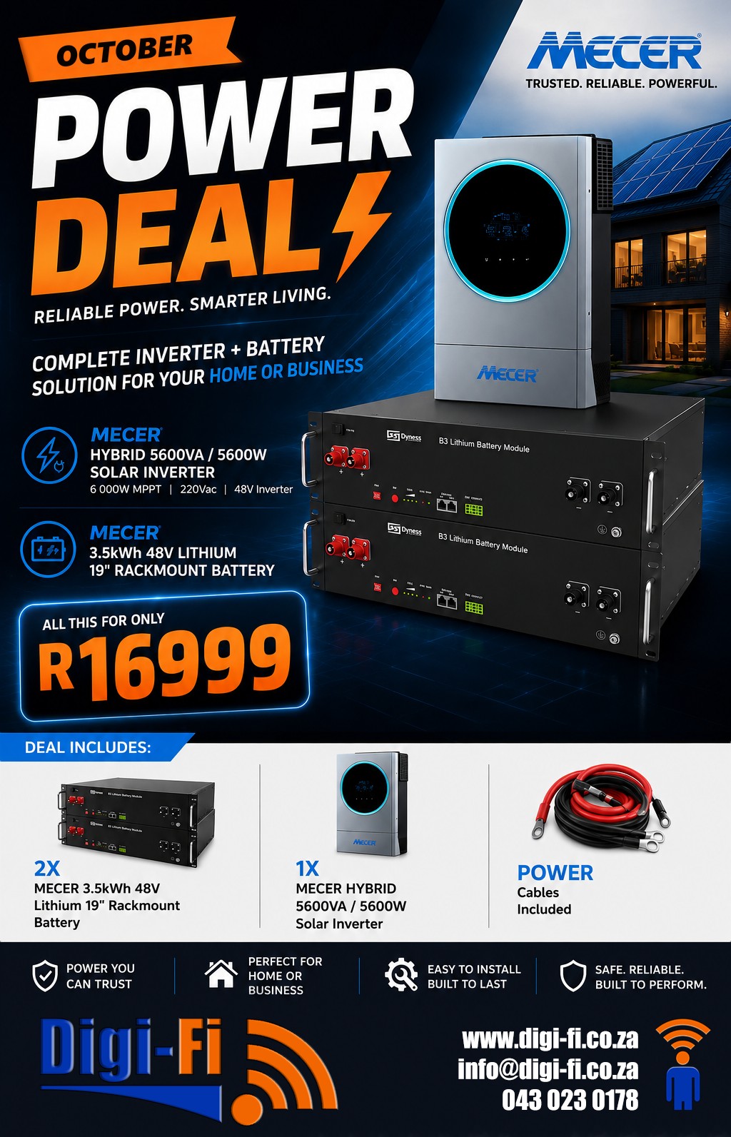 October Power Deal: Mecer 5600VA hybrid solar inverter with two 3.5kWh 48V lithium batteries and cables, R16 999